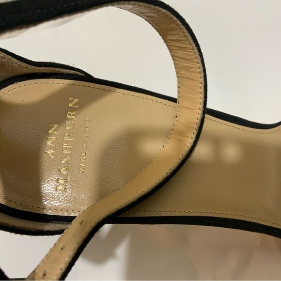 New Ann Mashburn black suede ankle Strap sandals size 38.5 heels 3” - Picture 5 of 11